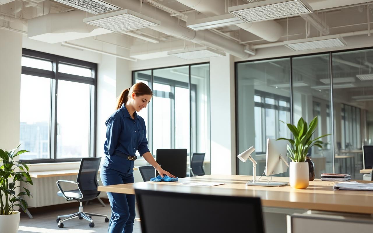 Reinigungskraft wischt Schreibtisch in hellem, modernem Büro